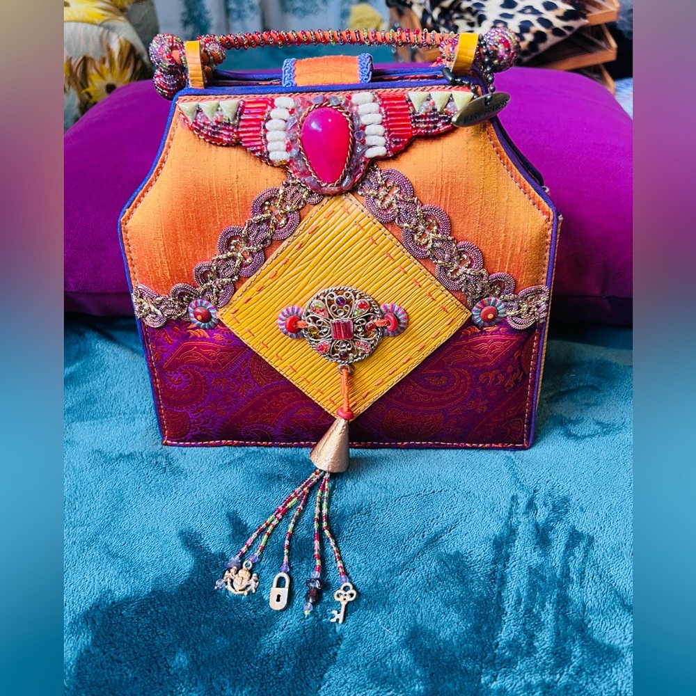 Vintage Mary Francis purse. Orange & Purple silk w/jewel handle, snap tab close